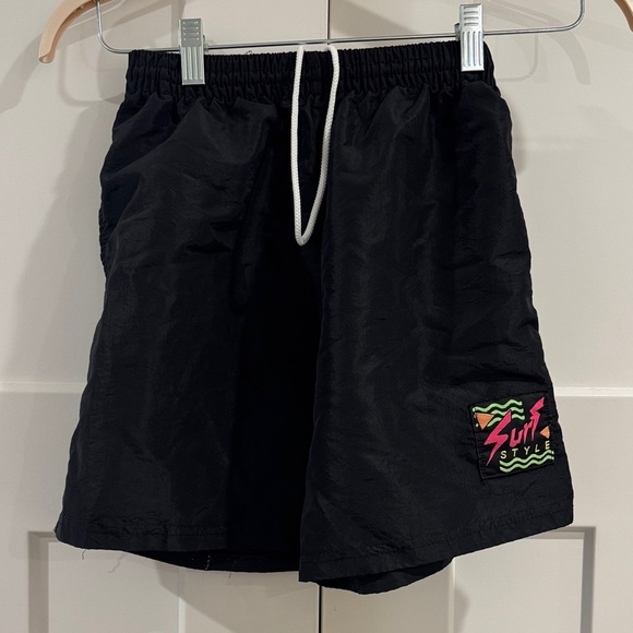 surf style Pants - Vintage Surf Style Shorts, Black with Neon Logo, Size Small